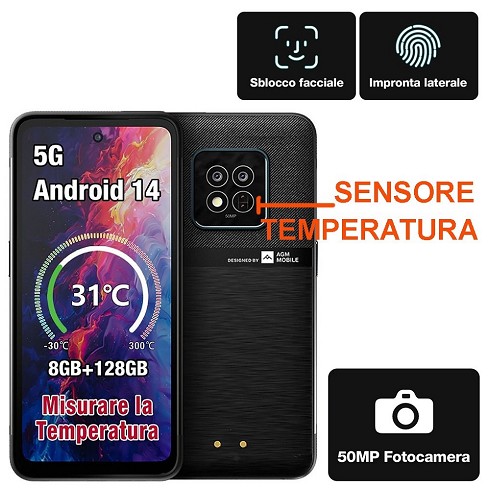 AGM X6 dual sim 5G rugged 128+8GB black - sensore temperatura integrato