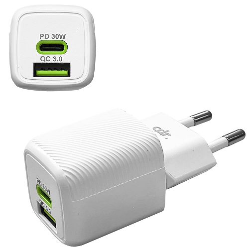 Caricatore da rete PD 30W GAN (Type-C PD fast 30W + USB-A 18W 3A) white