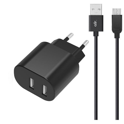 Carica batterie rete 2 USB-A Max 2.4A con cavo MicroUsb black