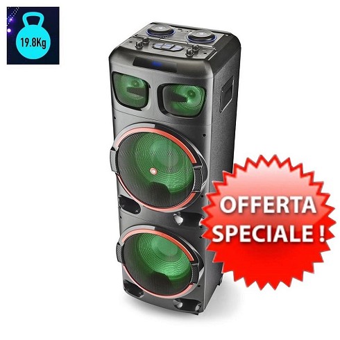 Altoparlante Portatile Bluetooth TWS NGS WILD DUB 2, 800W doppio Subwoofer 12" + Doppio Tweeter 4" (Micro SD/USB/AUX IN/), ruote, Colore Nero